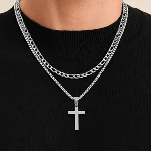 2 Pcs Cross Necklace Chain for Men and Women, Stainless Steel Layered Mens Cross Necklaces with Pendant, Figaro and Box Chain 16-24 Inch