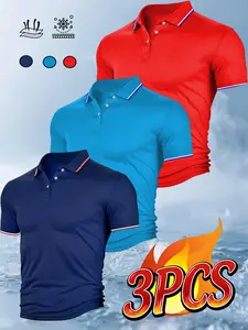 Men's Three-Piece Set Colorblock Collar Polo Shirt, Breathable Summer Short Sleeve, Casual Business Office Wear, Slim-Fitting Tee, Top