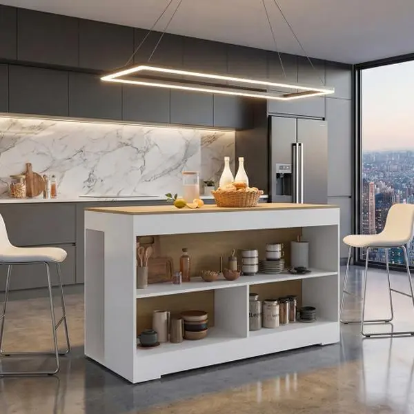 SAYGOGO Modern Indoor Cuenca Counter Height Dining Table - Freestanding Kitchen Prep Desk with 3 Open Shelves, Compact Space-Saving for Remote Work, Apartment Casual Meals