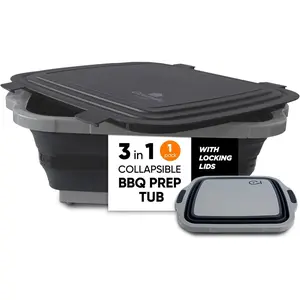BBQ Prep Tub Collapsible X-Large with  Board, Locking Lid - Meal Prep  Prep Containers with  for Resting Meat -3 Adjustable Height - Ideal for Camping, Picnic, Dish Basin