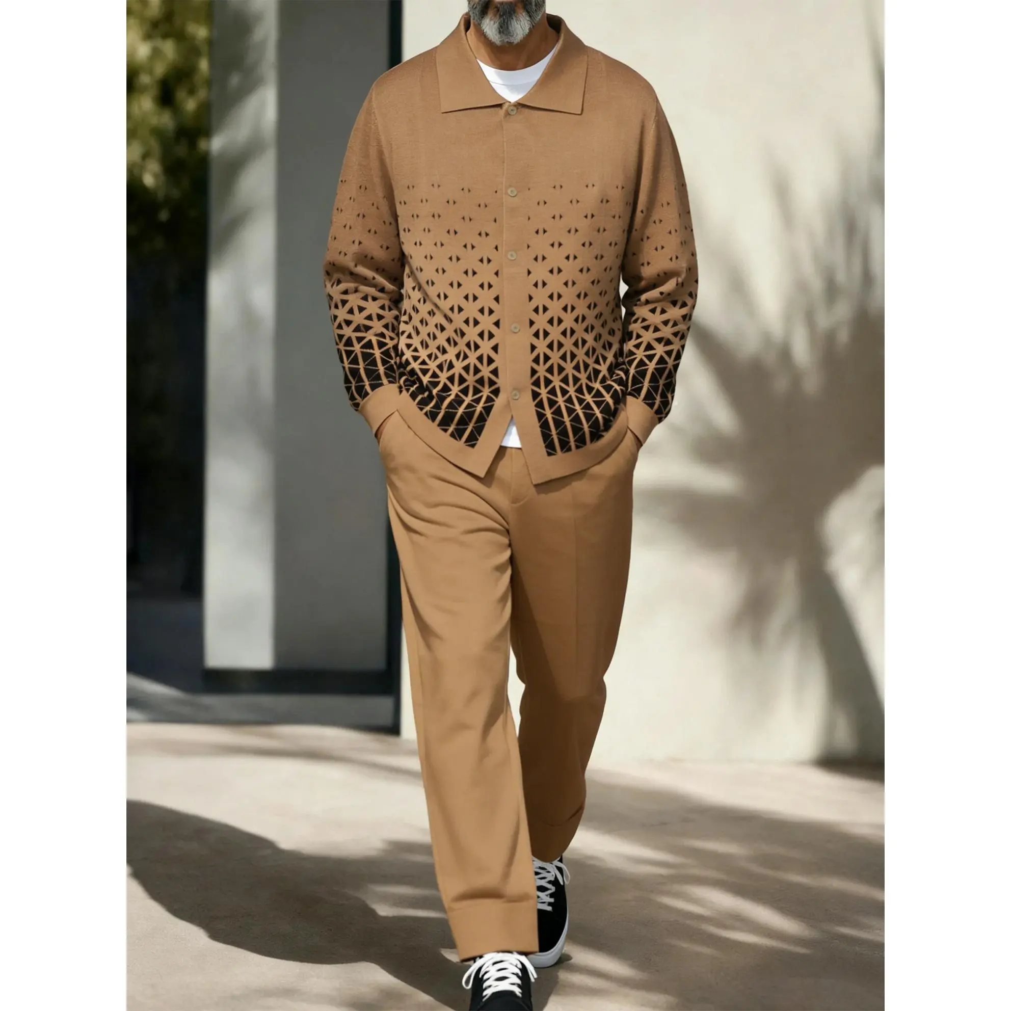 Men's Casual Loose Fit 2-Piece Set, Criss Cross Cotton Blend Long Sleeve Lapel Shirt and Pants for Vacation, Longsleeves, Two Piece Set
