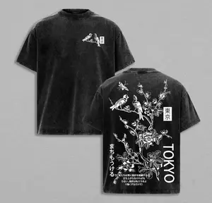 valentine shirts Tokyo Sakura Birds Double Printed Vintage Washed Tee, Unisex Oversized Heavyweight Cotton T-shirt for Japanese Aesthetic Fans Regular Fit Street Round Neck T-Shirt For Men's And Women , Menswear For Daily Outdoor Tokyo Streetwear