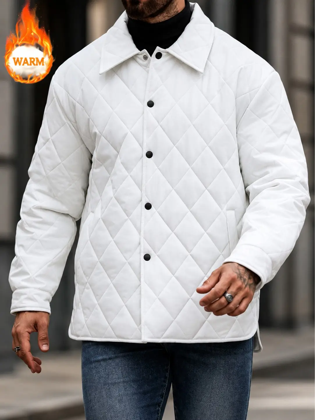 Men's Unisex Diamond Quilted Coat - Loose Fit Polyester-Cotton Long Sleeve Shirt Jacket, Lightweight Warm Snap-Button, Small Pocket, Elastic Layer, Outdoor Autumn Winter Smooth Plain Straight Coat