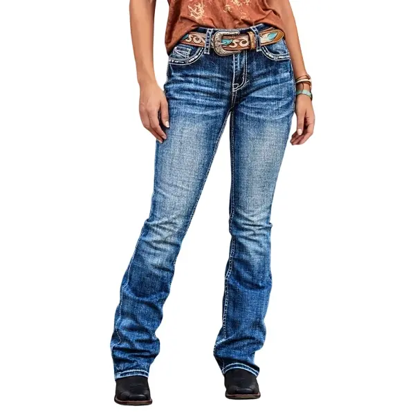Flamingals Wash Stitch Detail Mid Waist Bootcut Jeans Without Belt Womenswear Stretchy 29.5" Inseam