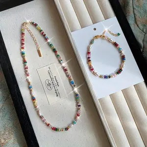 Bohemian Vintage French-Inspired Necklace - Freshwater & Multicolor Natural Stones with Gold-Tone Clasp, Layered Beaded Chain for Everyday or Year-Round Wear