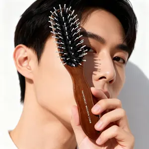 Unisex Wooden Bristle Cushion Hair Comb, Wet Hair Brush, Curly Hair Comb, Pad Shape Comb for Thick/fine/light Hair, Comfortable Grip Handle