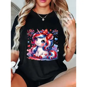 100% Cotton Cute Unicorn 4th Of July Girls American Flag USA Girls T-Shirt