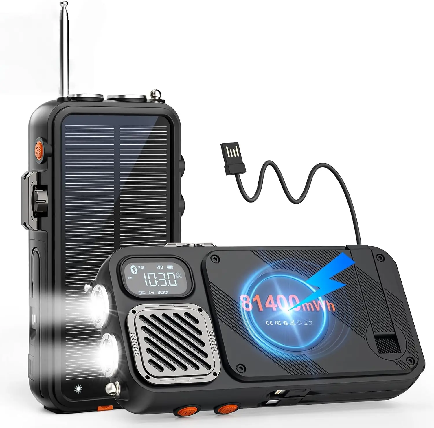 Portable Survival Rechargeable FM Bluetooth Radio with SOS Flashlight - 6 × 3 × 3 Inches Solar & USB Recharge Multi-Device Power Bank, Wireless Fast Charger for Storms, Camping, New Upgraded Model, Family