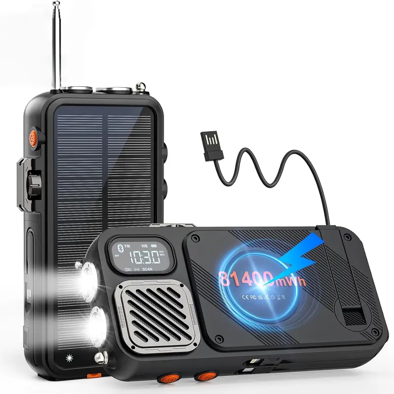 New Upgraded Silicone Handheld Solar Powered Radio Battery Power Bank Charger - SOS Flashlight, Rechargeable FM Radio, Bluetooth, 6×3×3 in, USB-C/Micro USB Recharge, Wireless Fast Charging, Multi-Port for 5 Devices, Doomsday Preparedness, Storms/Camping