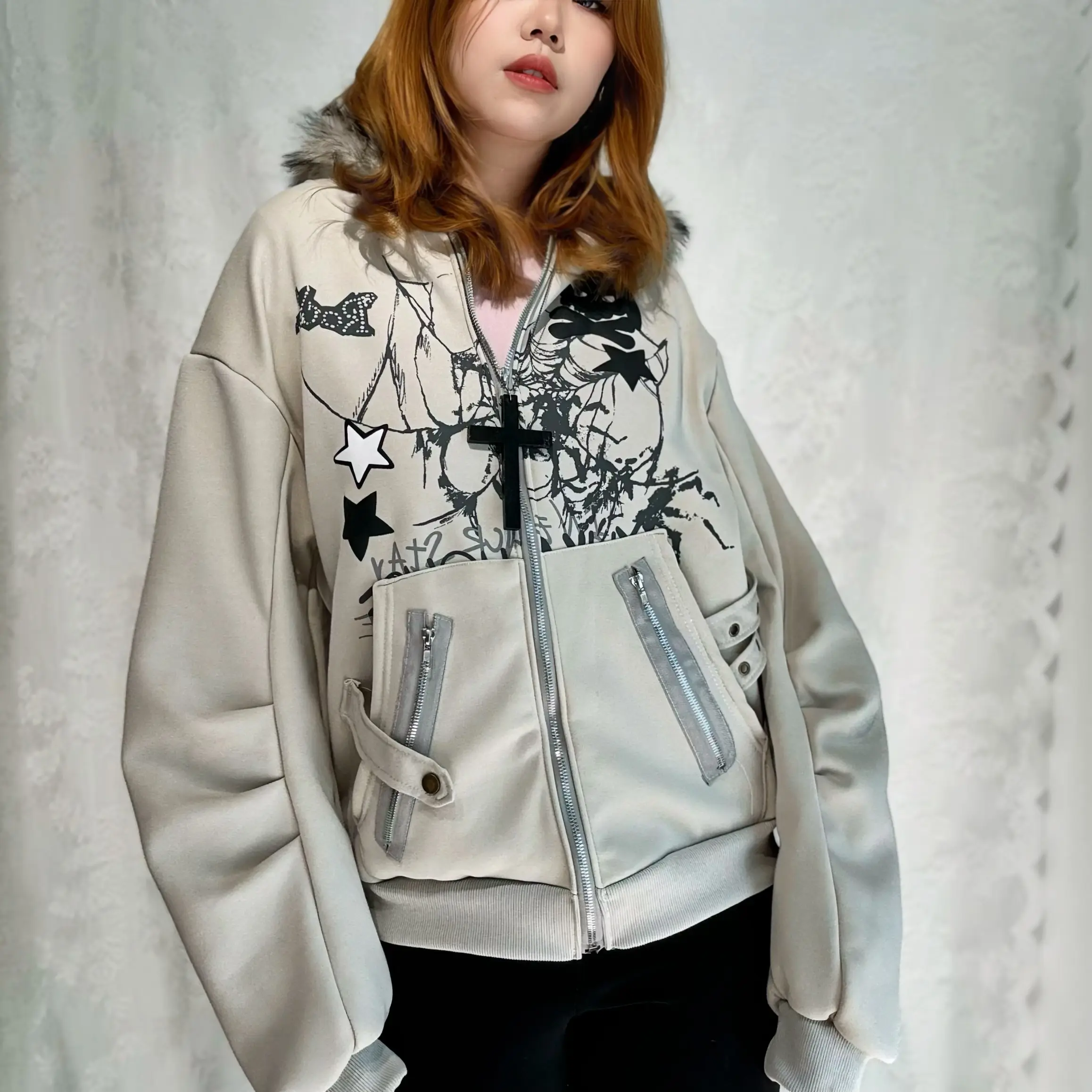 ALIELNOSIRRAH 'Basement Rabbit' Bunny Ears Fur Zip Up Hoodie