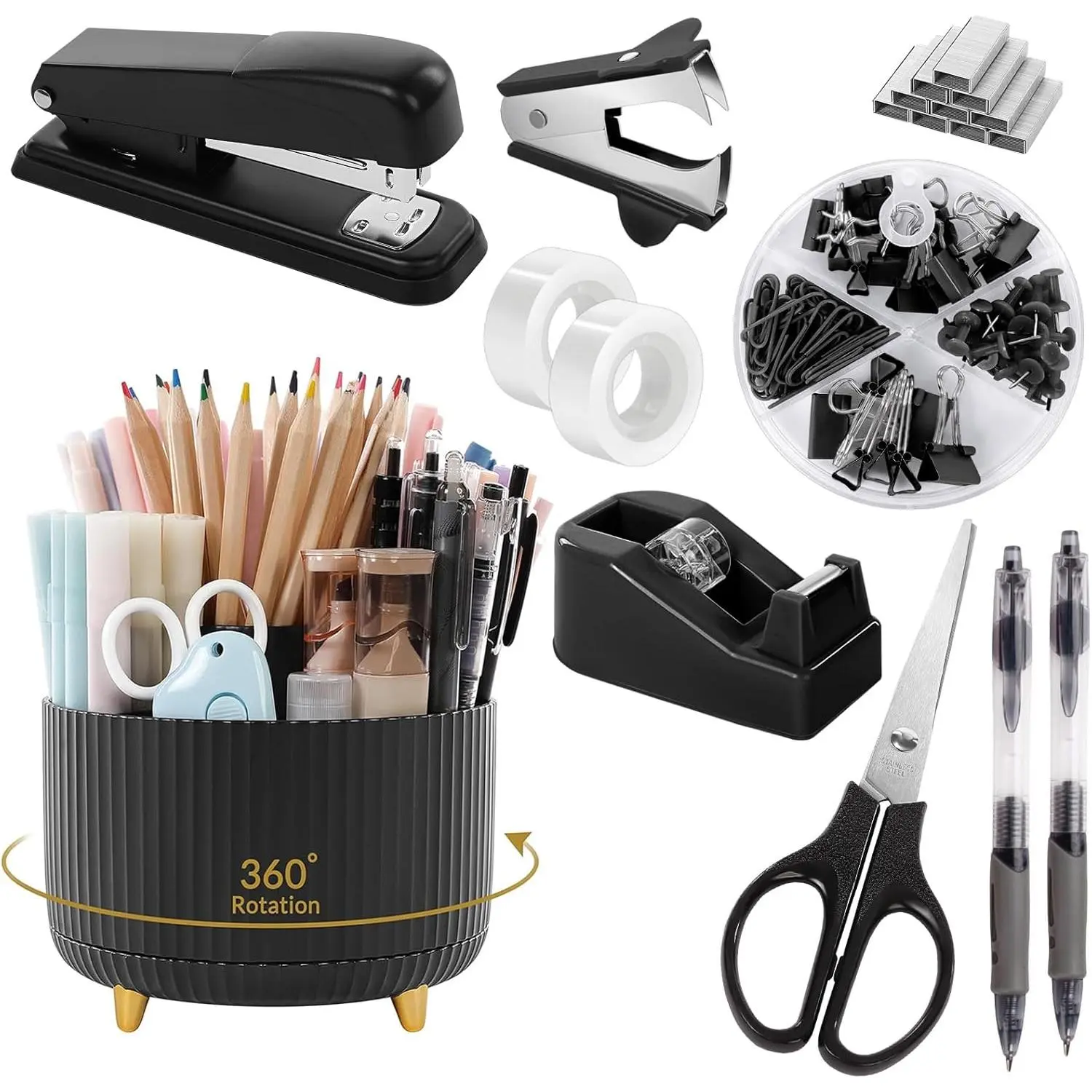 Black Office Supplies, Black Office Desk Accessories 10PCS, Pencil Holder for Desk, Stapler, Tape Dispenser, Scissors, Ruler, Clips and 1000pcs Staples, Desk Supplies Set