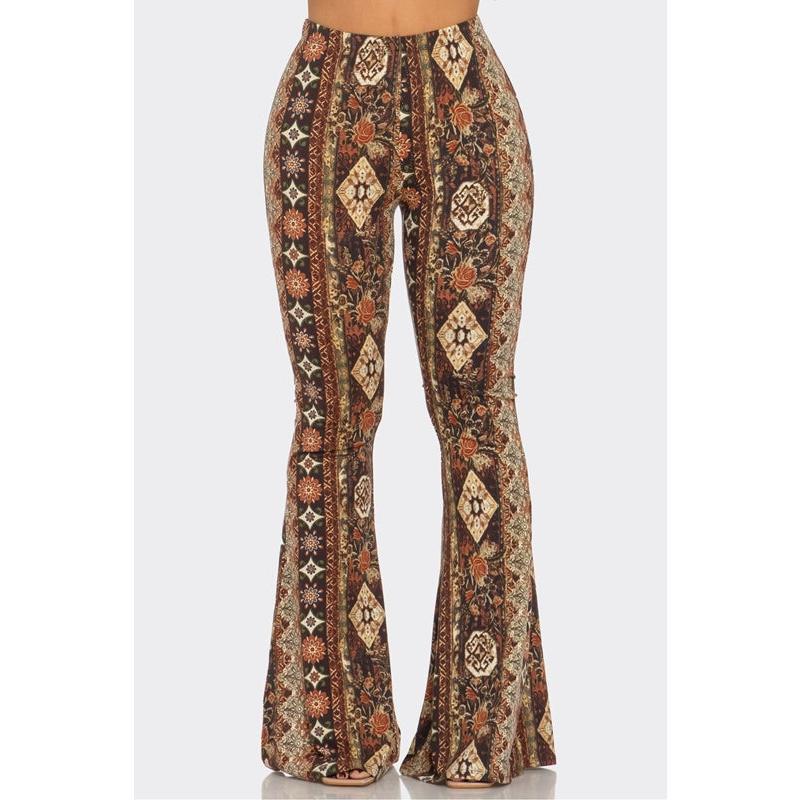 Bear Dance Boho Diamond Floral Skinny Brushed Pants - Brown