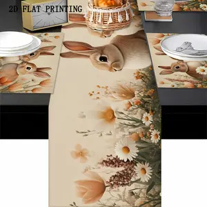 2D flat printing, 1 piece/4 pieces/6 pieces/8 pieces/5 pieces/7 pieces set, Easter bunny floral pattern table flag and placemat combination, suitable for holiday parties, table decoration, suitable for all seasons of winter, spring, autumn, and winter