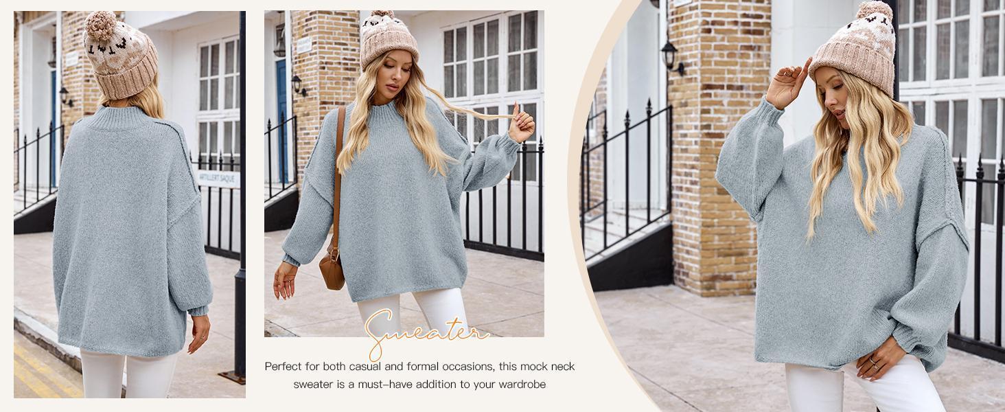 Imily Bela【Oversized】Womens Sweaters Mock Neck Batwing Long Sleeve Fall Trendy Ribbed Knit Casual Tunic Sweater