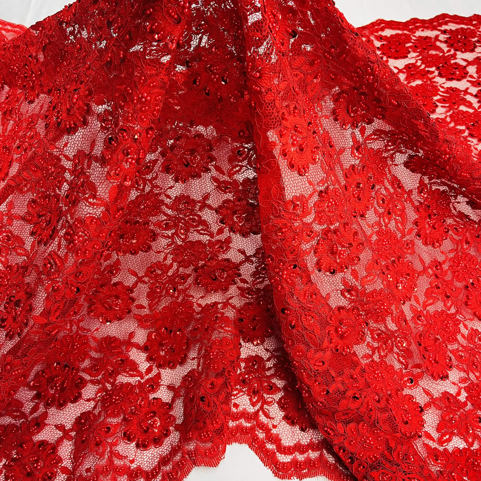 Beaded & Corded Lace Fabric Embroidered on 100% Polyester Net Mesh | Lace USA - 96028W-BP, Elegant Formal Lace, Lace Detail