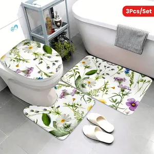 3PCS Botanical Floral Print Bath Rug Set, Flannel Non-Slip Absorbent Mat, Includes U-Shaped Rug and Toilet Lid Cover for Decor