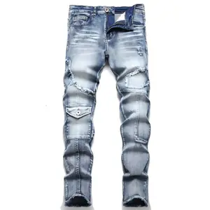 XIMXIMMTIAN Men Slim Fit Jeans Fashion Biker Jeans for Men Stretch Designer Distressed Straight Denim Pants Menswear Human Streetwear Pocket Motocross Wetsuit Plain Trouser jeans for rock revival true religion flaps  plain street vlone scab jeans slim fit