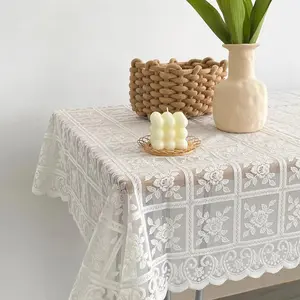 1pc beige square lace openwork tablecloth. Retro European embroidered tablecloth. Wedding party and garden home decoration.