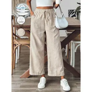 Women's Old Money Style Striped Wide-Leg Belted Daily Wear Casual Straight Pants,Old Money Outfits Fall Cloth For Women
