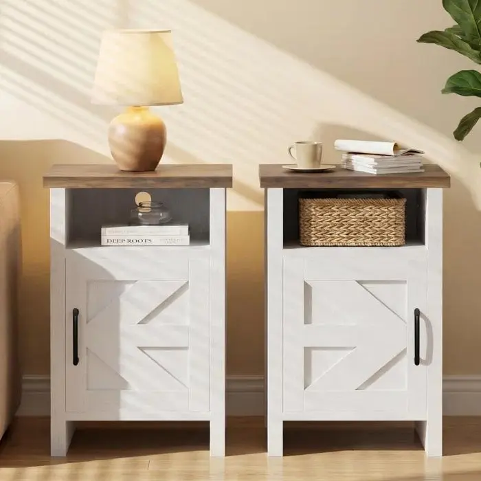Furmax Farmhouse Nightstand, MDF & Pine Wood Bedside Tables with Open Storage Shelf, Sturdy Rustic End Tables for Bedroom, Living Room, Small Side Tables for Home