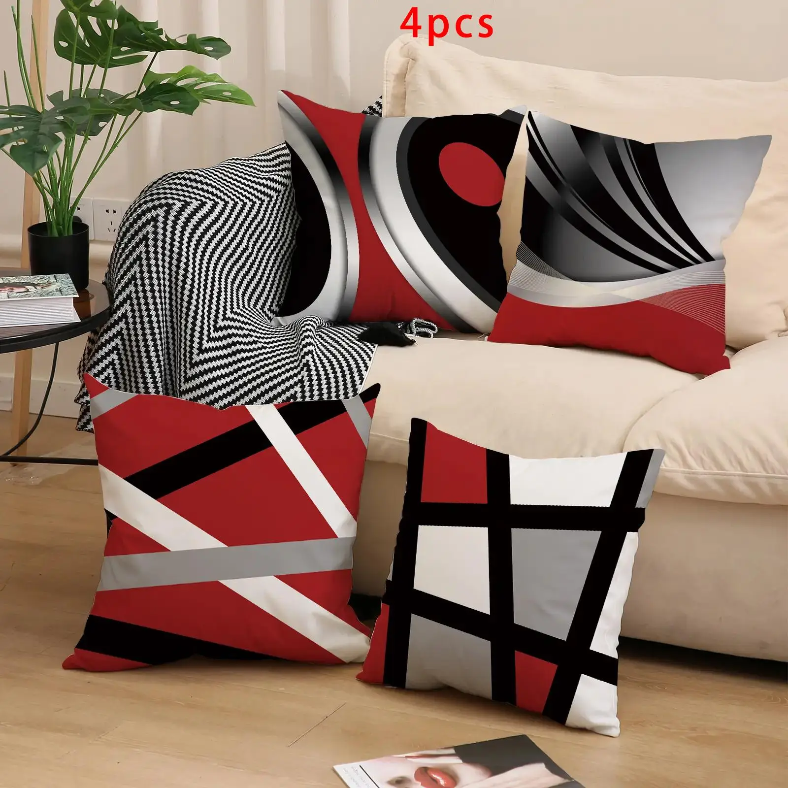 Geometric Pattern Cushion Cover without Filler (4 Counts/set), Modern Abstract Stripe Geometric Pillowcase, Square Throw Pillow Cover for Sofa Bed