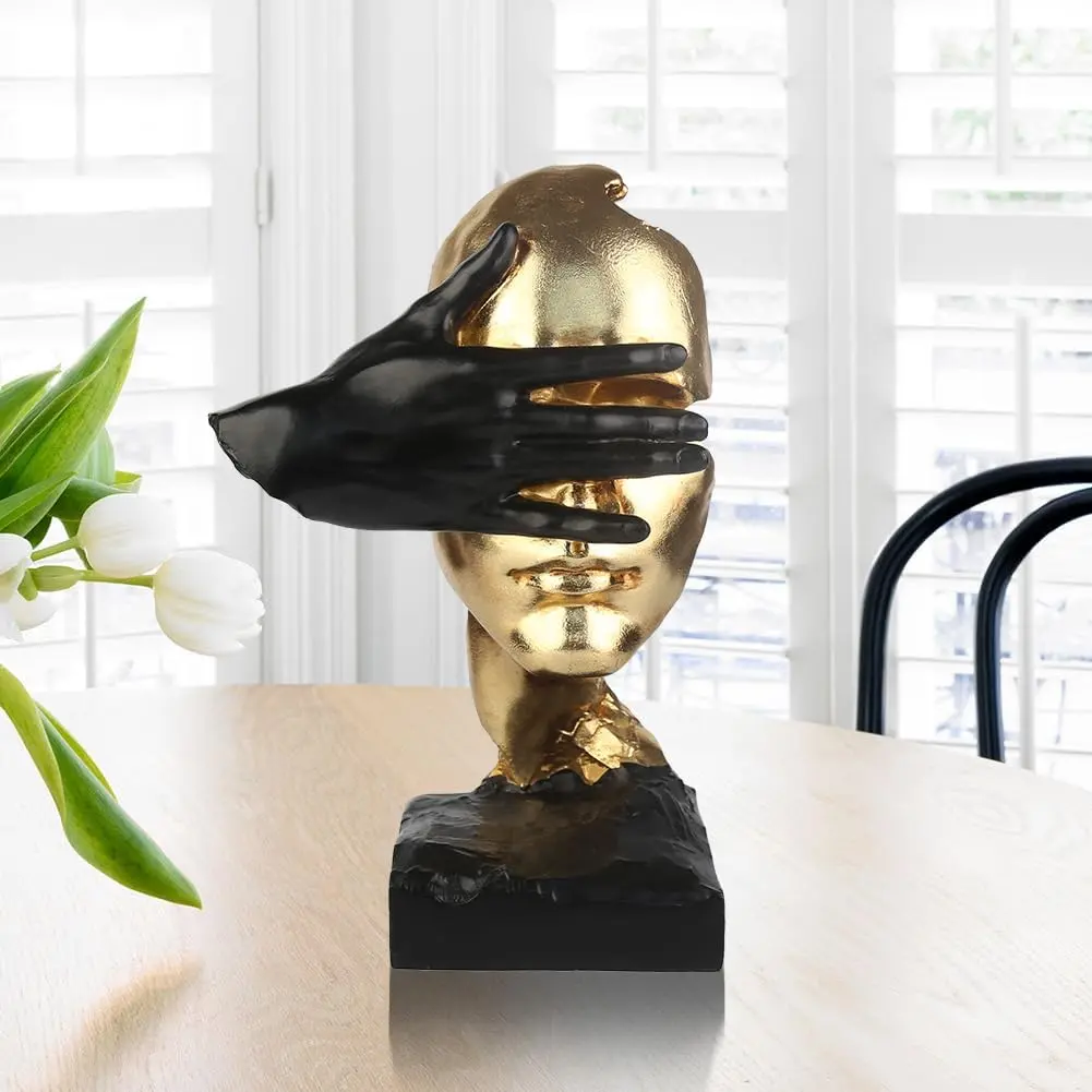 12" Original Metallic Gold & Black Resin Standing Silence Abstract Face Sculpture - Decorative Artistic Mask Bust with Hand-Covering Eye, Modern Living Room Home Decor Figurine, Father's Day Gift Accent