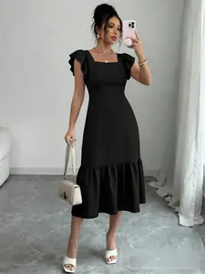 Elegant Ruffled Dress for Adults, Fitted Solid Pattern, Perfect for Daily Wear, Formal, Parties, Holidays, Casual Gatherings
