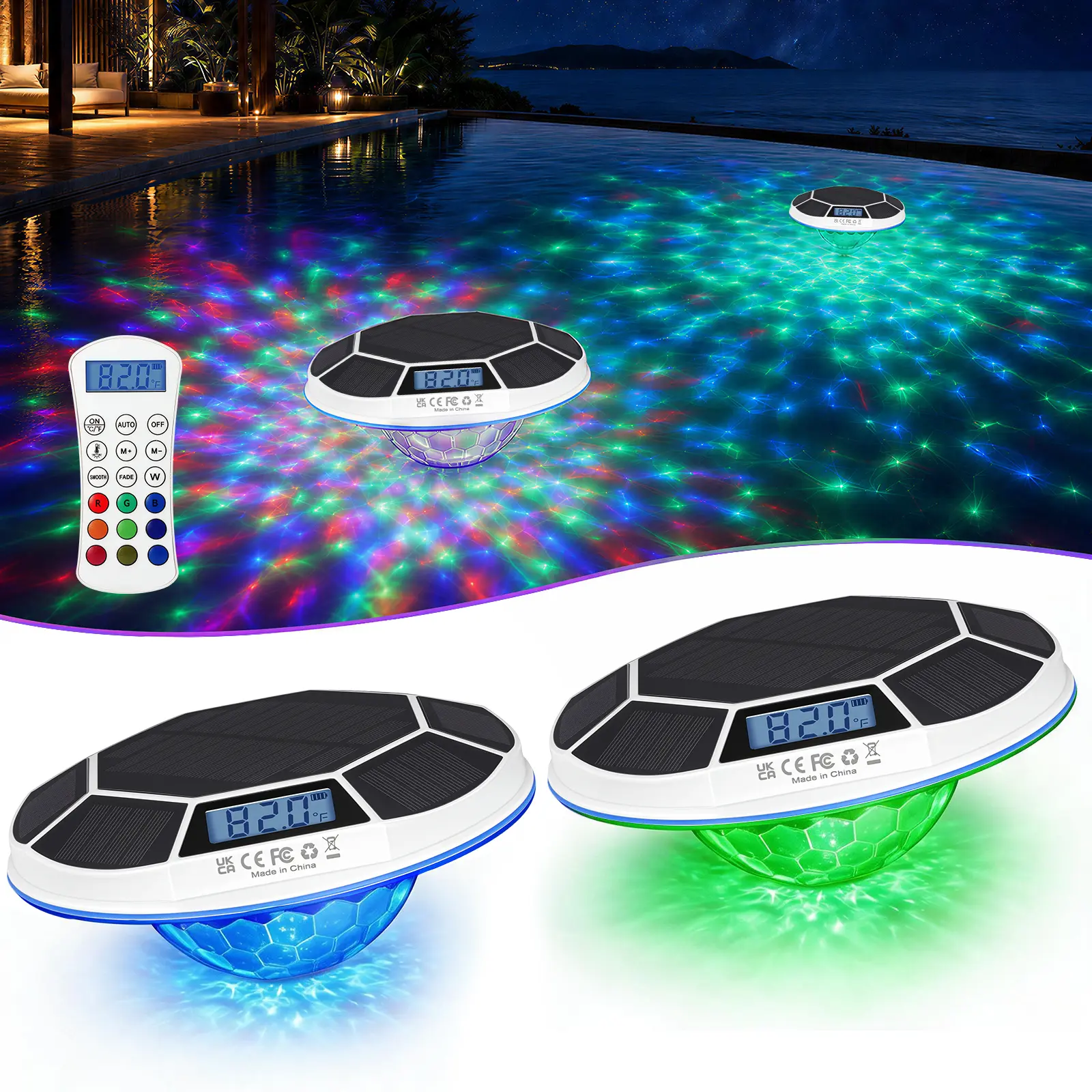Partsam Floating Pool Lights Solar Powered with Digital Thermometer, IP68 Solar Powered, Floating Design, Digital Pool Thermometer