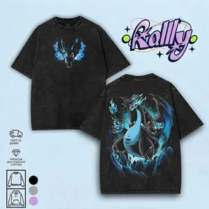 Vintage Mega Charizard X Anime Double Oversized Washed Tee Unisex Anime Lover Cotton Fabric men gifts merch Stylish Clothes Streetwear Relaxed Fit