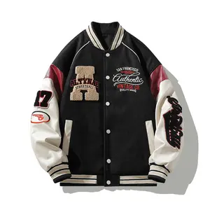 Men's Black Retro Streetwear Varsity Jacket, Multi-Embroidery Patchwork San Francisco Vintage Baseball Coat