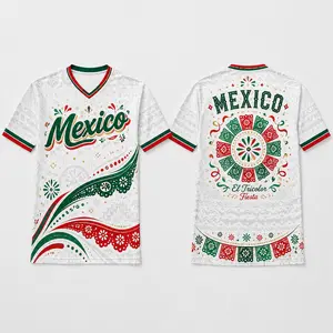Men's 2026 Mexico-Inspired White V-Neck Short-Sleeve Sports Jersey, Fiesta Papel Picado Graphic, Red-Green Trim, Soccer Fan Casual Game Day Top