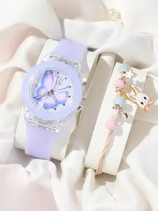 Cute Casual Watch Set with Butterfly Rabbit Animal Patterns, Includes Luminous Quartz Watch and Beaded Bracelet, Perfect Christmas Gift for Boys Girls
