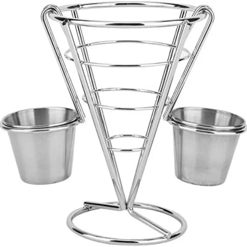 Frame Style Fries Holder, Conical Snack Basket with Two Dip Containers, Stainless Steel Kitchen Utensil, Ideal for Restaurants and Hotels