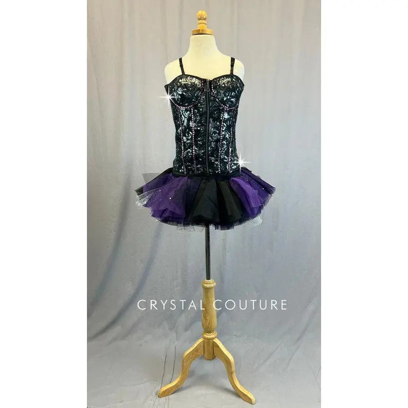 Custom Black and Silver Floral Print Lace Bustier with Rhinestone Piping and Black Purple and Silver Tulle Skirt with Built In Booty Shorts.