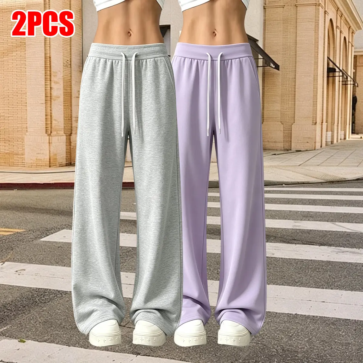 Two-pack women’s joggers featuring side pockets and an elastic waistband for a wide-leg casual fit; suitable for everyday and formal wear; machine washable, non-see-through fabric; comfortable clothing.