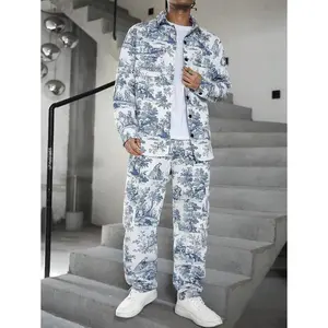 Men’s 2-piece set featuring a plant-print long-sleeve buttoned jacket and pants—a casual autumn outfit.