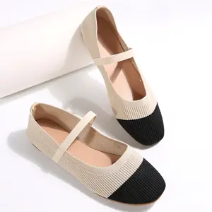 Women's Knit Flats Color Block Strap Casual Comfortable Ballet Shoes Outdoor Walking Shoes