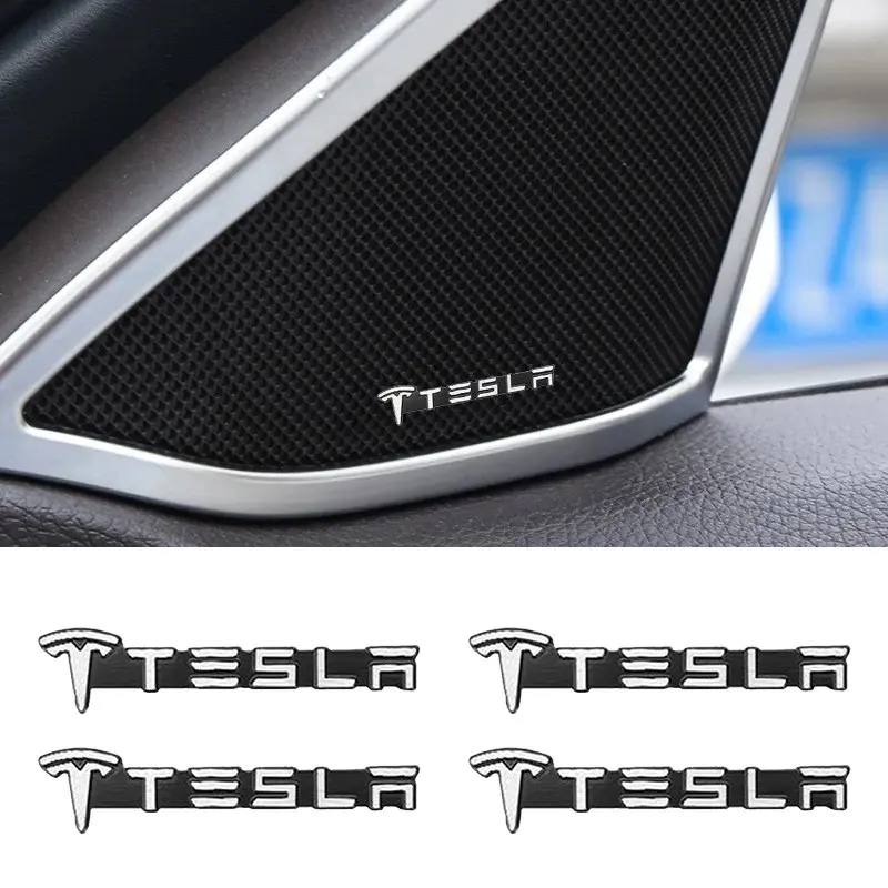 4Pcs Car Interior Aluminum Badge Car Audio Decorate Sticker Accessories For Tesla Model 3 Model S X Model Y Roadster SpaceX Cybertruck Tesla Compatibility Audio Enhancements Car Decal Car Stickers