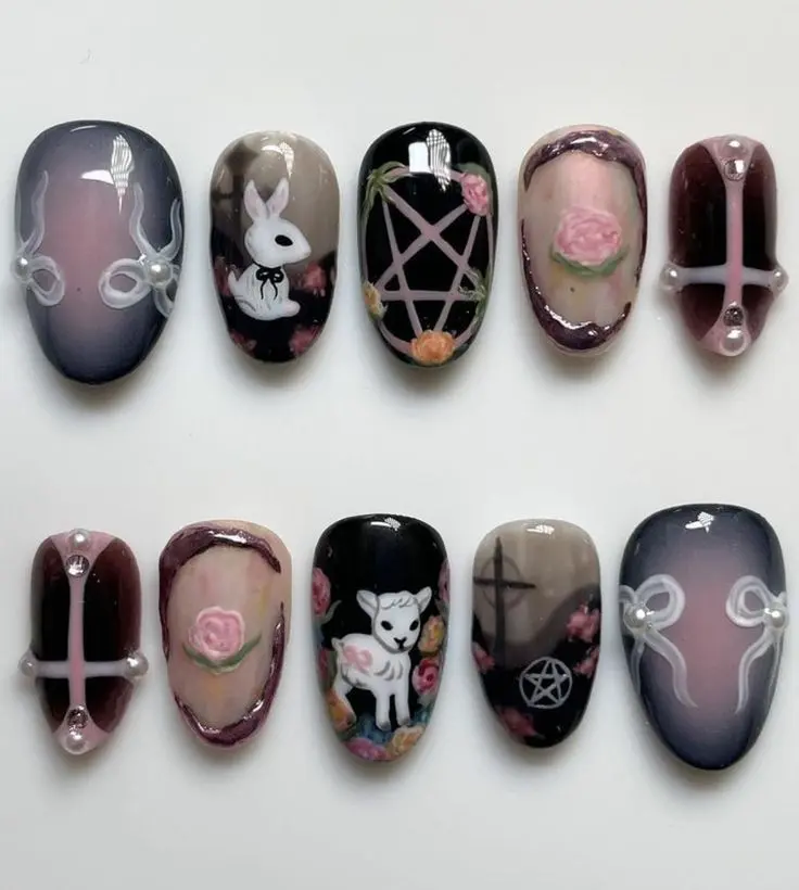 Pastel Goth Press On Nails Handmade 3D Bunny Cross Reusable Nail Set | Free Adhesive Tabs, Nail File & Cuticle Stick