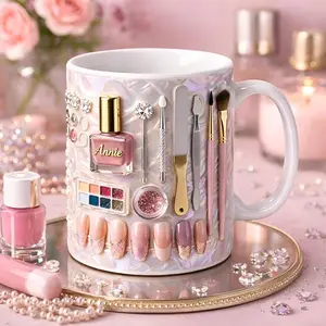 Custom Nail Tech Mug, 2D Printed 3D Effect Ceramic Coffee Cup with Beauty Nail Salon Design for Nail Technicians, Nail Artists and Salon Owners, Perfect for Cosmetology Graduation, Birthday and Gift for Nail Lovers Keepsake