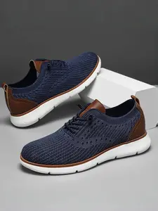 Men's Plus Size Breathable Flyknit Casual Shoes | Gray & Brown | Hollow Mesh & Leather Patchwork | Soft Anti-Slip Sole | For Plus Size Daily Commute