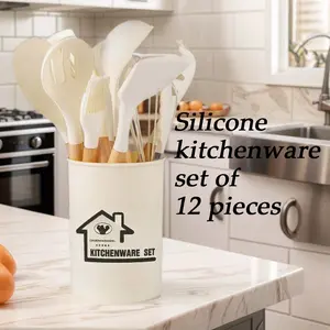 12-Piece Elegant Silicone Kitchen Utensil Set, Wooden Handles, Non-Stick Heat-Resistant, Ideal for Cooking and Baking