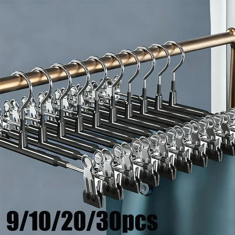 9/10/20/30pcs 12-inch Stainless Steel Adjustable Colorful Pants Hangers, Suitable for Trousers, Skirts And Children's Clothing, Space-saving Metal Hooks with Polished Surface, And Durable Coated Clips to Ensure Firm Fixation.