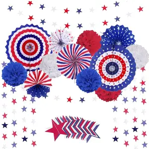 Patriotic Party Decoration Set with Paper Fans Pom Poms Star Banners and Hanging Decor