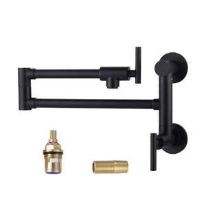 WOWOW Brass Pot Filler Wall Mount Folding Faucet Over Stove, Black Pot Filler Faucet with Double Joint Swing Arms