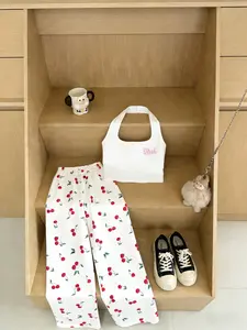 Sweet Cool Style Set, Milk Halter Top & Cherry Wide Leg Pants, Loose Fit, Natural Waist, Summer Casual