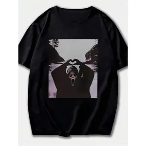 2026 Spring, Summer, Autumn Casual Simple Plus Size Women's Halloween Screaming Ghost Face Print T-shirt, with heart gesture design, suitable for outdoor casual wear in spring, summer, and autumn, black
