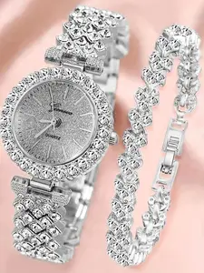 Elegant 2-piece set:Luxury rhinestone quartz watch and sparkling bracelet - the perfect gift for her, Fashionable Jewelry Set, Art Deco jewelry, British silver, ladies