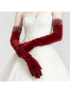 New gem velvet long gloves evening dress autumn and winter warm dance photo wedding bride arm sleeve