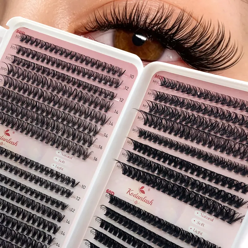 Kodanlash Reusable Lash Cluster Extensions Kit - 640pcs, 30D-40D-60D Curls, 10mm-12mm-14mm-16mm Mixed Sizes, Natural Fluffy Soft Texture, Individual No Fake Feeling 3D Lash Extension False Eyelashes for Makeup, Eyelash Clusters Kit